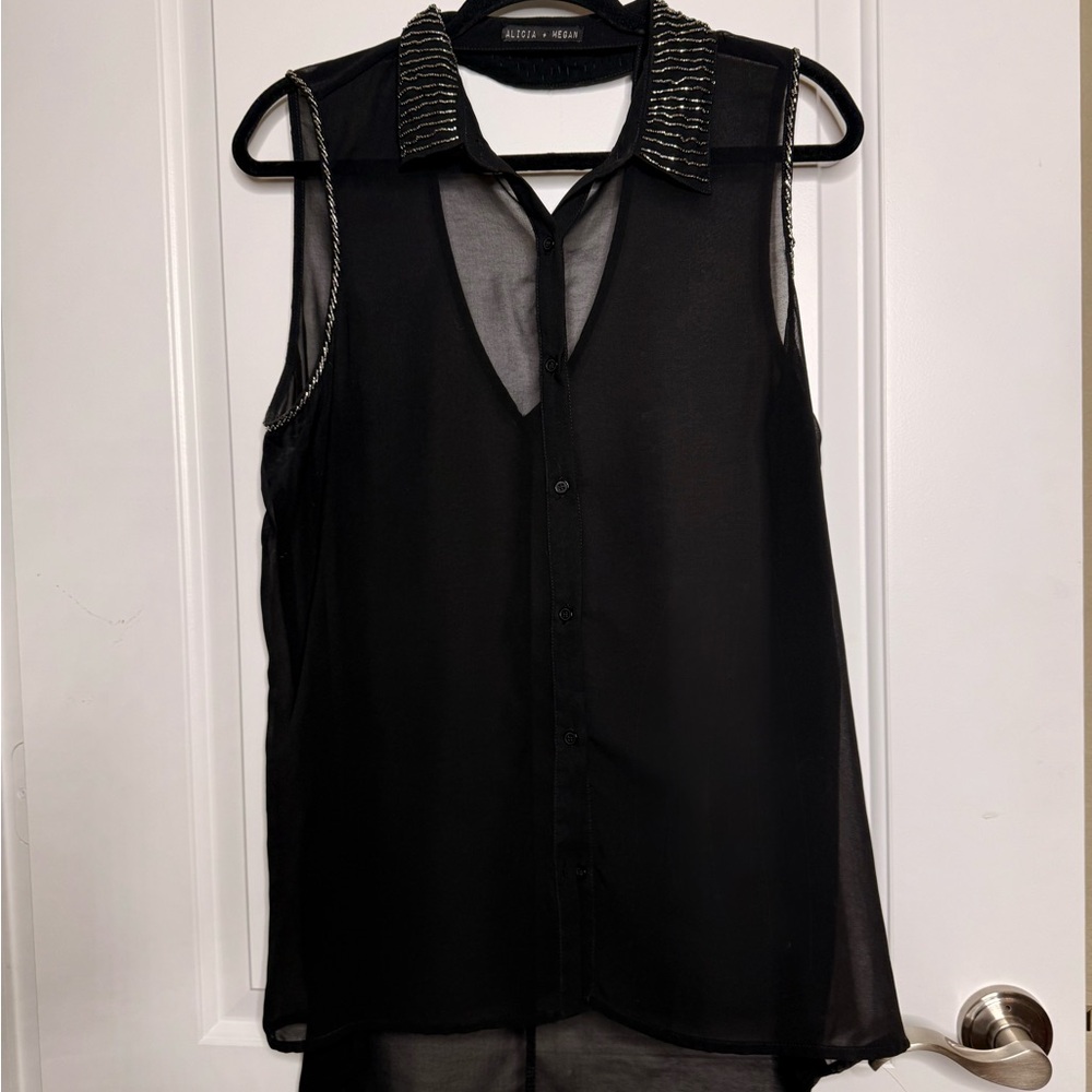 Vintage Beaded Black Sleeveless Sheer Top